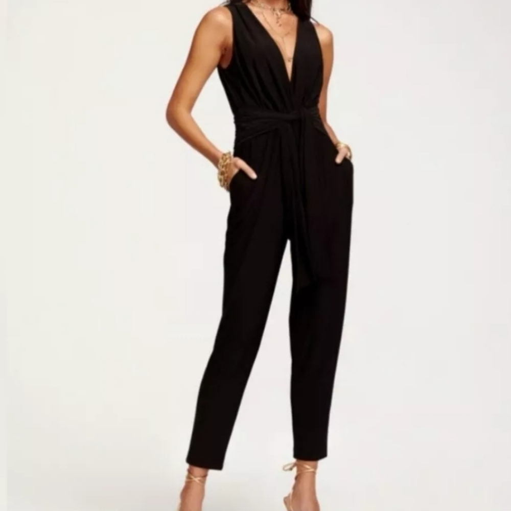 Ramy Brook Women's Black V-Neck Daisy Draped Front-Twist Jumpsuit Size Small